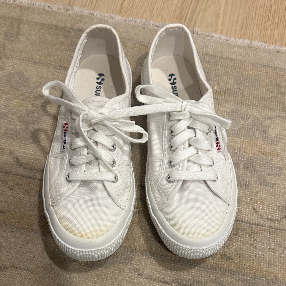 Superga White Canvas Lace-Up Sneakers with Red Logo Tab